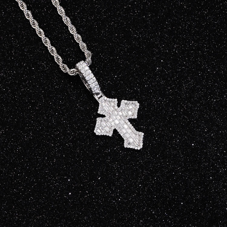 Round Cut Baguette Moissanite Jewelry Jesus 925 Sterling Silver VVS Moissanite Cross Pendants Men for Necklace
