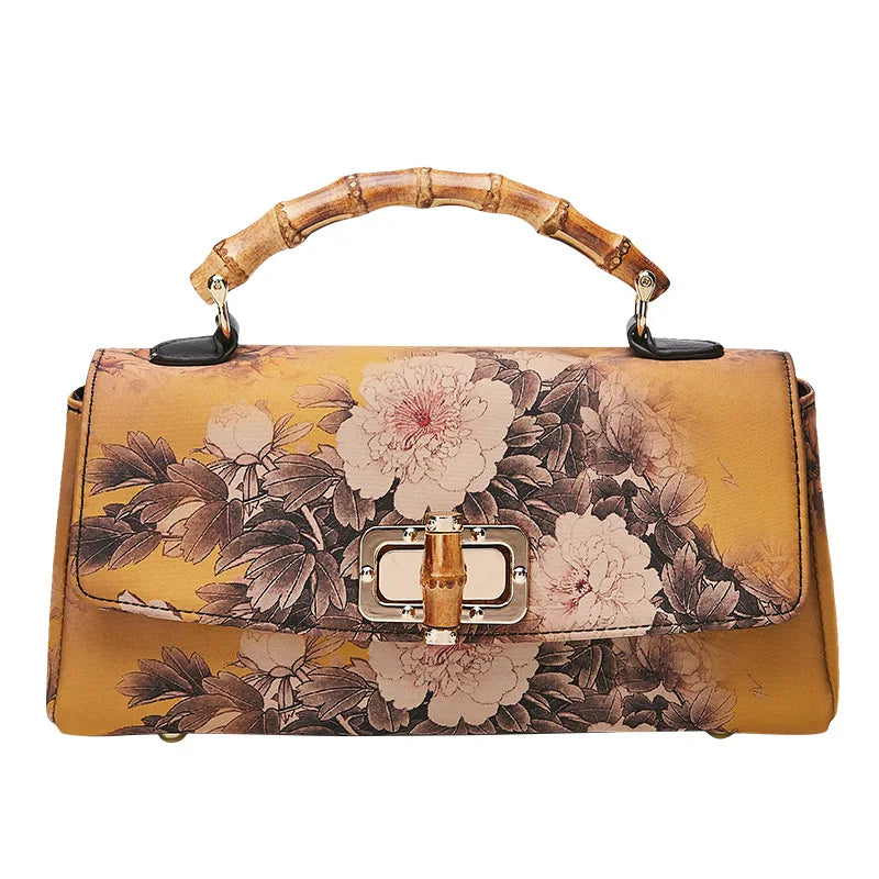 Leather Peony Antique Lady Fashion Waterproof Single Strap Chains Portable Handbag for Women