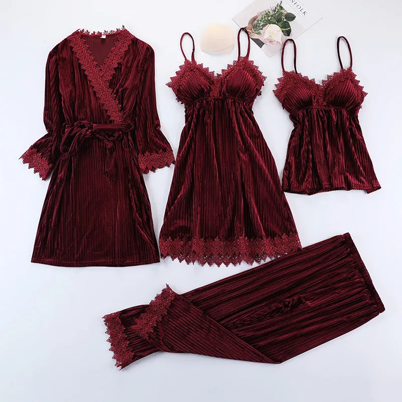 3pcs Gold Velvet  Pajamas Set for Women Warm Sexy Lace Pajamas Winter Sleepwear Nightdress