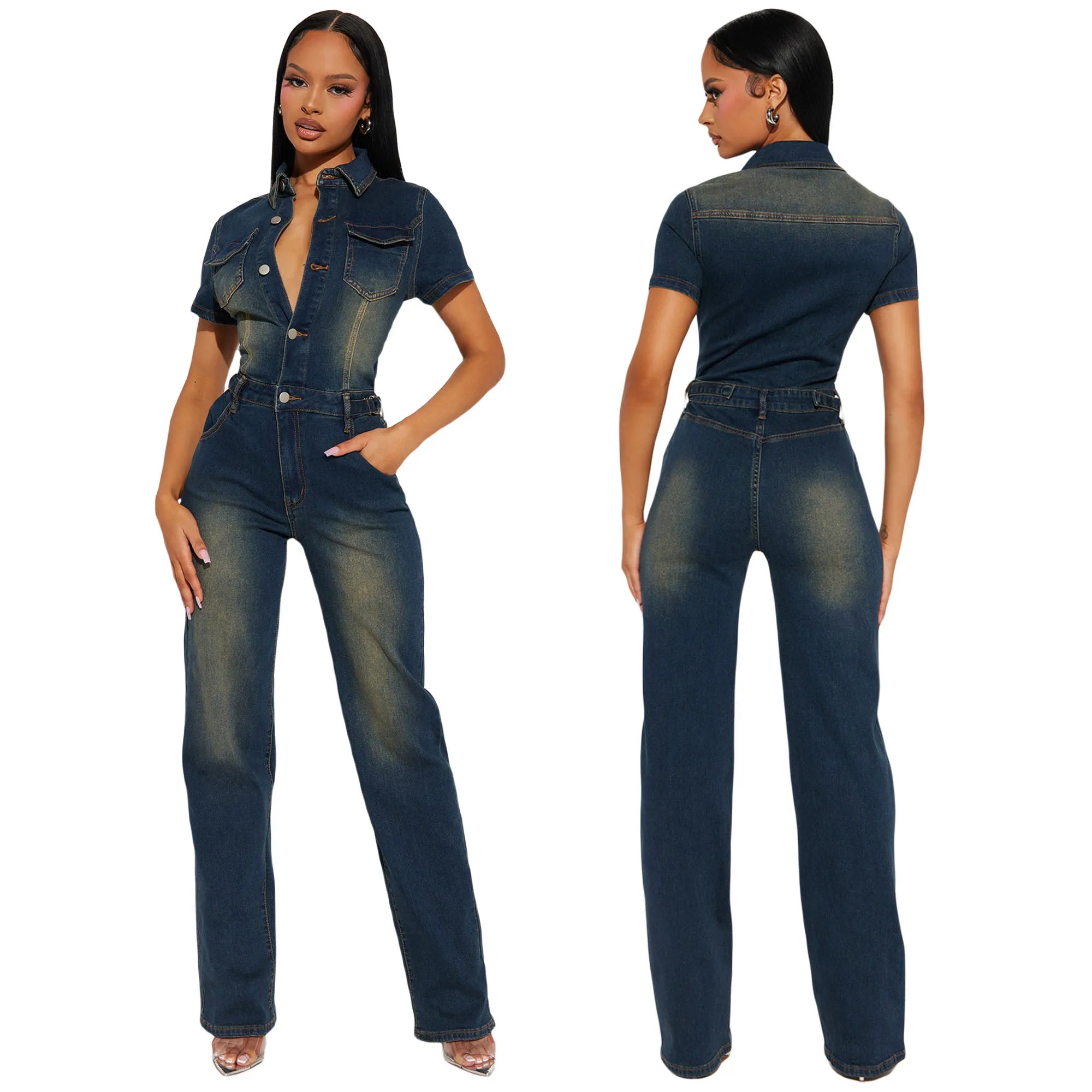 Women's Loose Fit Slim Stretch Washed Denim Straight Jumpsuit Halter Collar Casual Knitted Weaving Print
