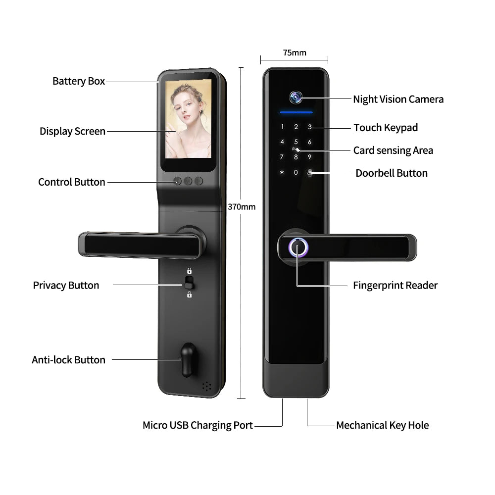 Waterproof Camera Screen Tuya 3d Biometric Face Recognition Smart Door Lock