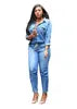 Casual Women's Long Style Denim Jumpsuit with High Waist and Knitted Weaving Pants and Long Sleeves
