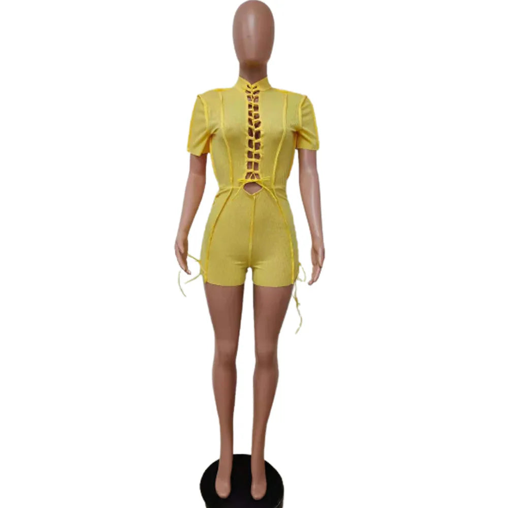 Bodycon Solid O Neck Hollow Out Bandage Short Sleeve Rompers Jumpsuit