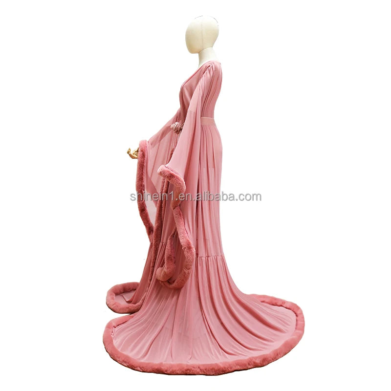 Sheer Feather Lace Lingerie Tail Dress Long Nightgown Fur Robe