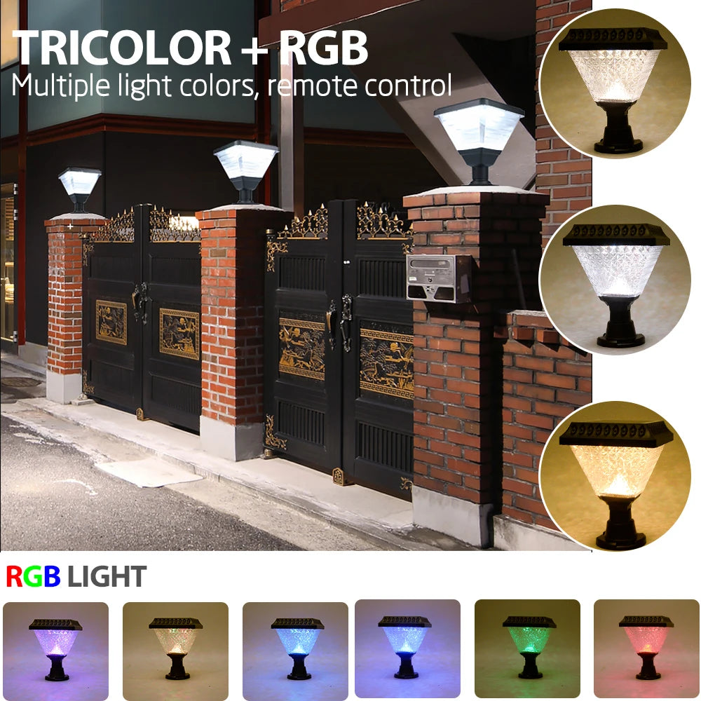 Dingdian LED NEW 10W Solar Powered Rgb Colors Dimmable Waterproof Courtyard Pillar Post Solar Led Garden Light for Decoration