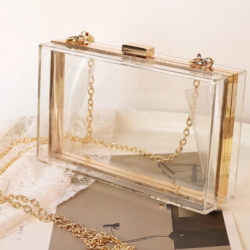 Ladies' Transparent Boxed Crossbody Bag, Stylish Detachable Gold Chain Strap Shoulder Bag, Acrylic Metal Dinner Clutch Purse