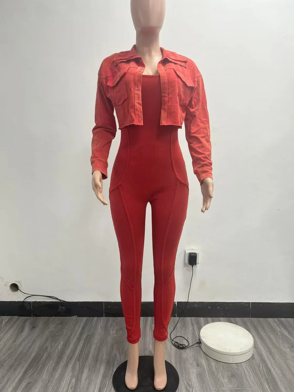 Two Piece Set Y2K Bodycon Acid Wash Jumpsuit With Jacket Light Washed 2 Piece Set Woman Jumpsuit