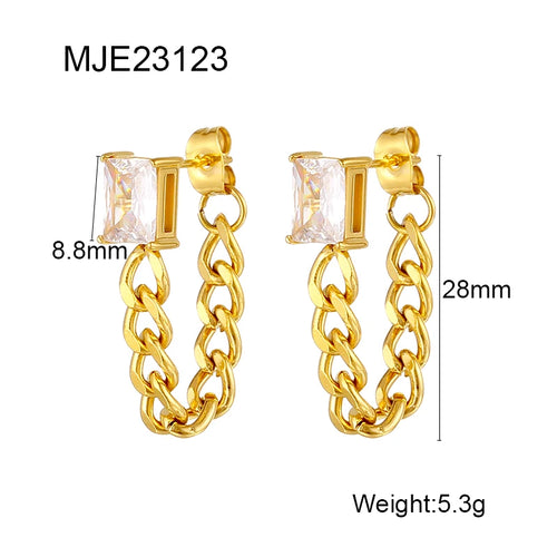 18K Gold Plated Fashion Jewelry Steel Link Chain Tassel Stud Earrings Green Zirconia Zircon Main Stainless Steel