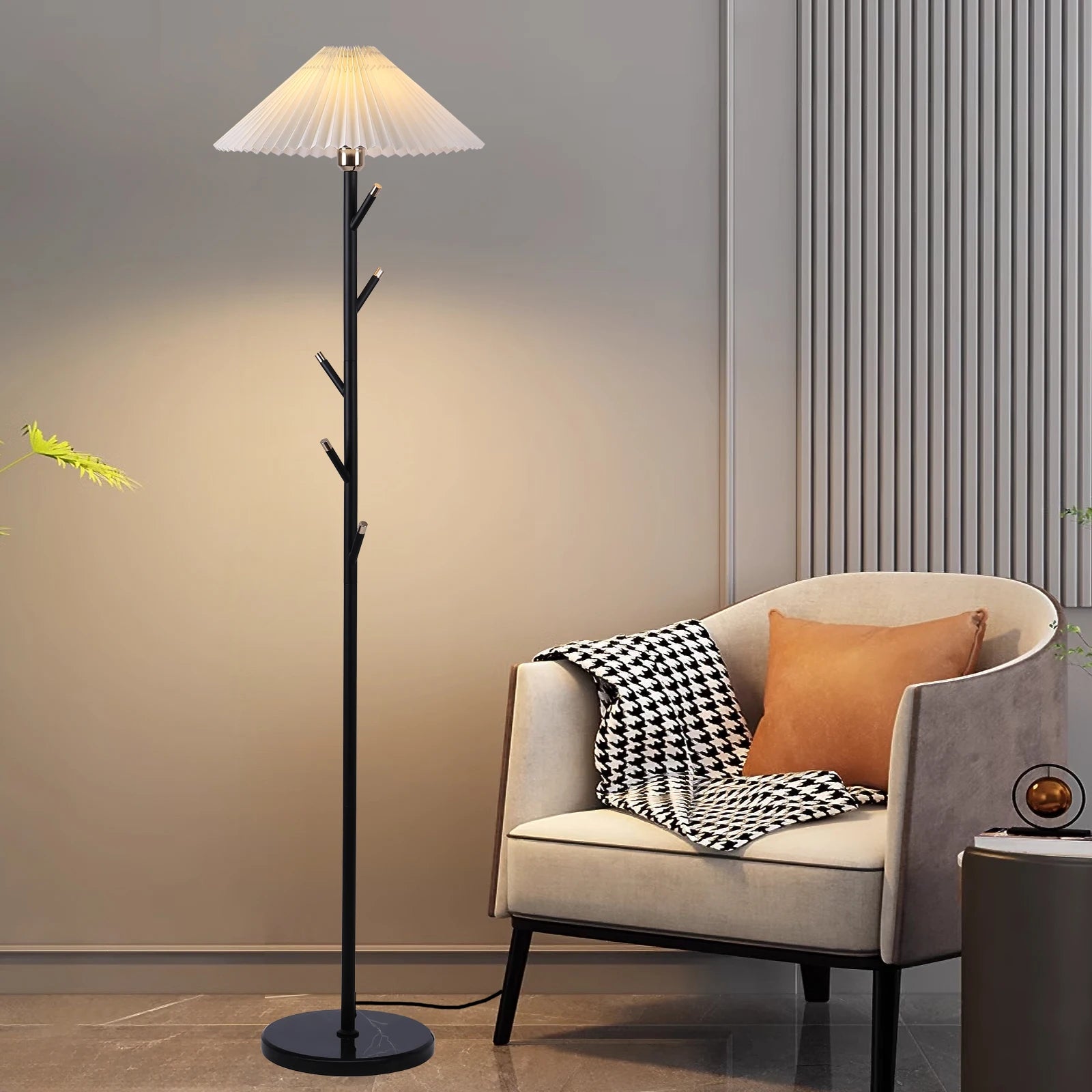 Modern Floor Lamp with Pleated Fabric Shade, Retro Black Gold Coat Rack Standing Light with 9W Bulb & Foot Switch for Bedroom