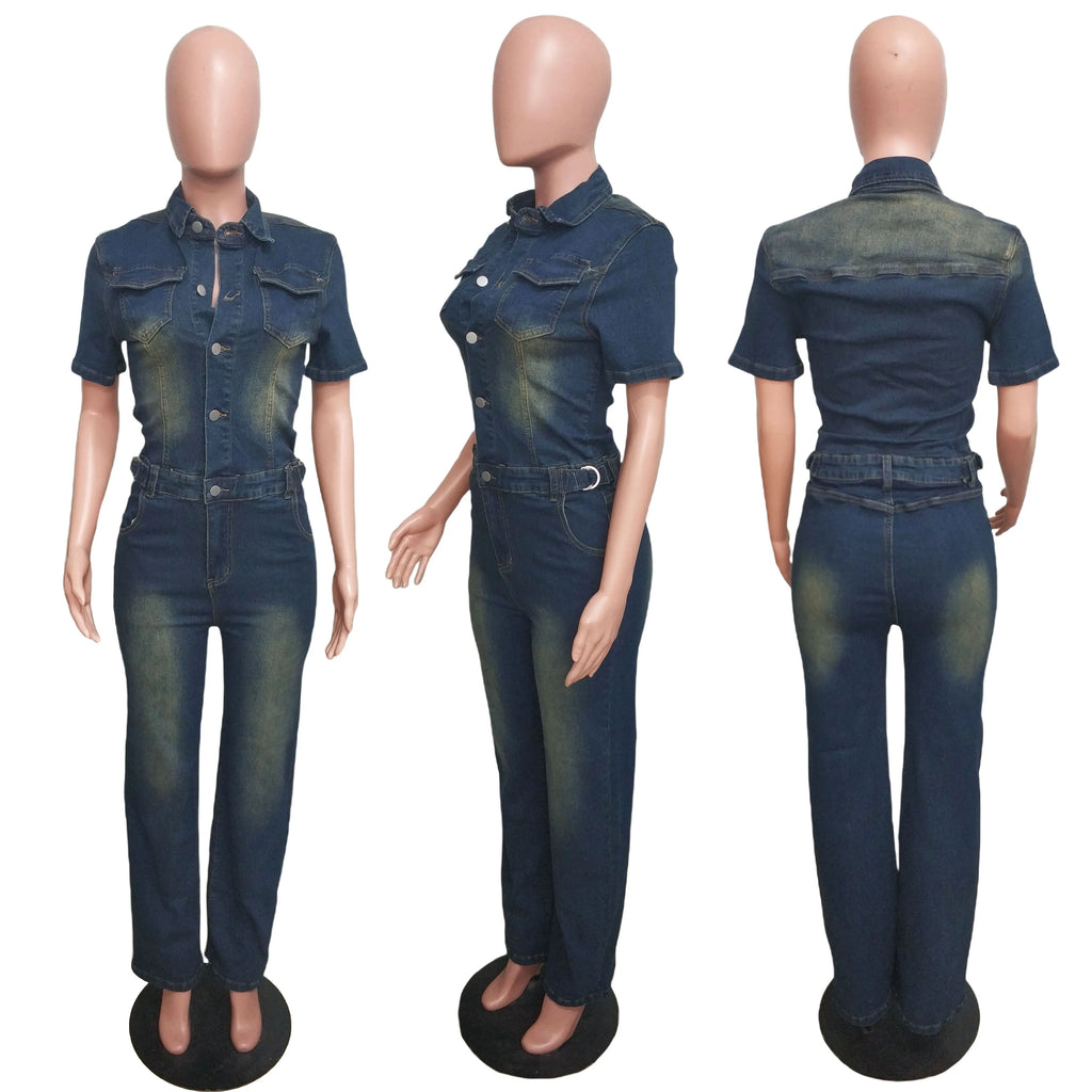 Women's Loose Fit Slim Stretch Washed Denim Straight Jumpsuit Halter Collar Casual Knitted Weaving Print
