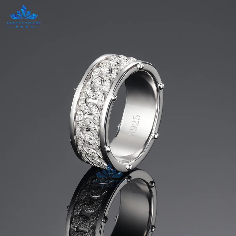 Solid Silver Pass Diamond Men Moissanite Rings 925 Sterling Silver Cuban Chain Full Eternity Band