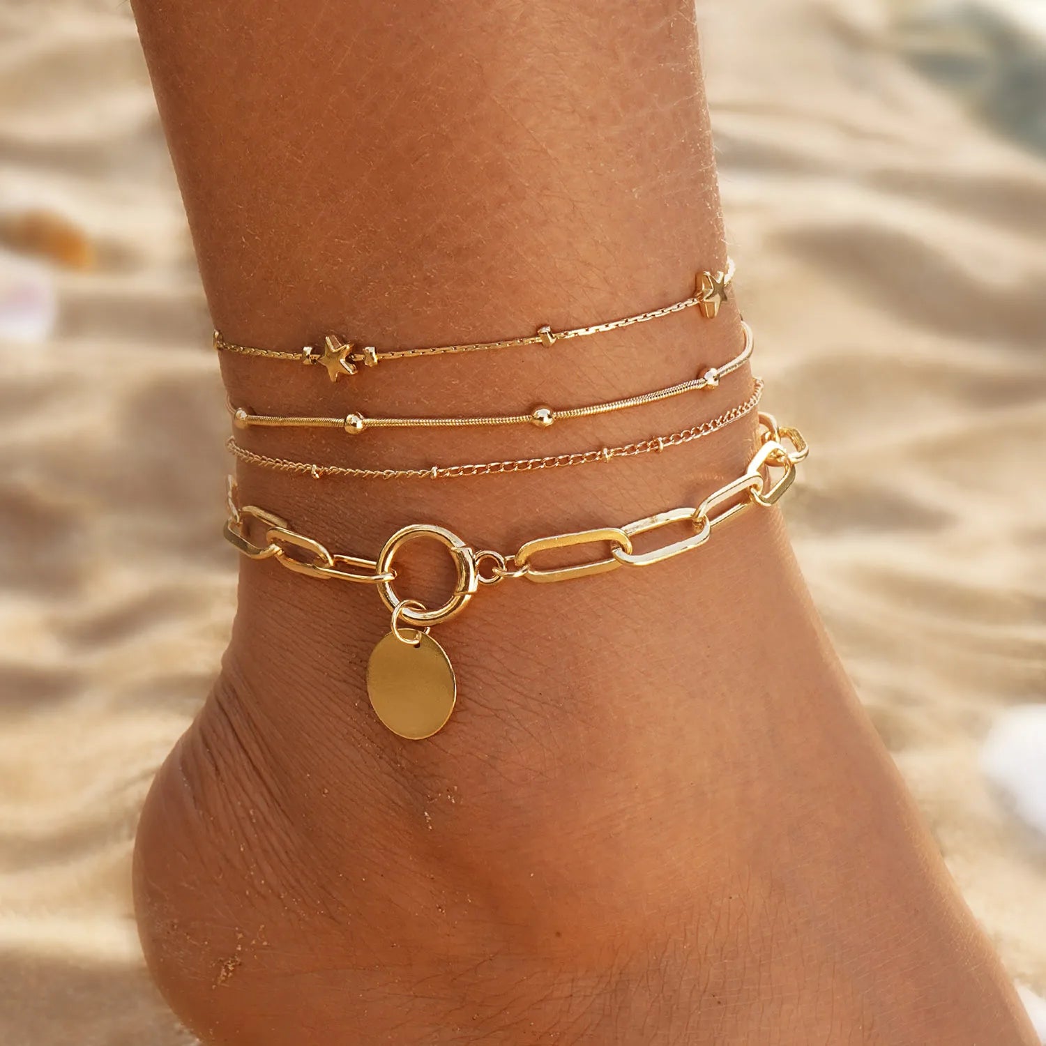 Women Fashion Jewelry Blue Eyes Pendant Snake Chain Pearl Star Gold Plated Multilayer Anklet Set
