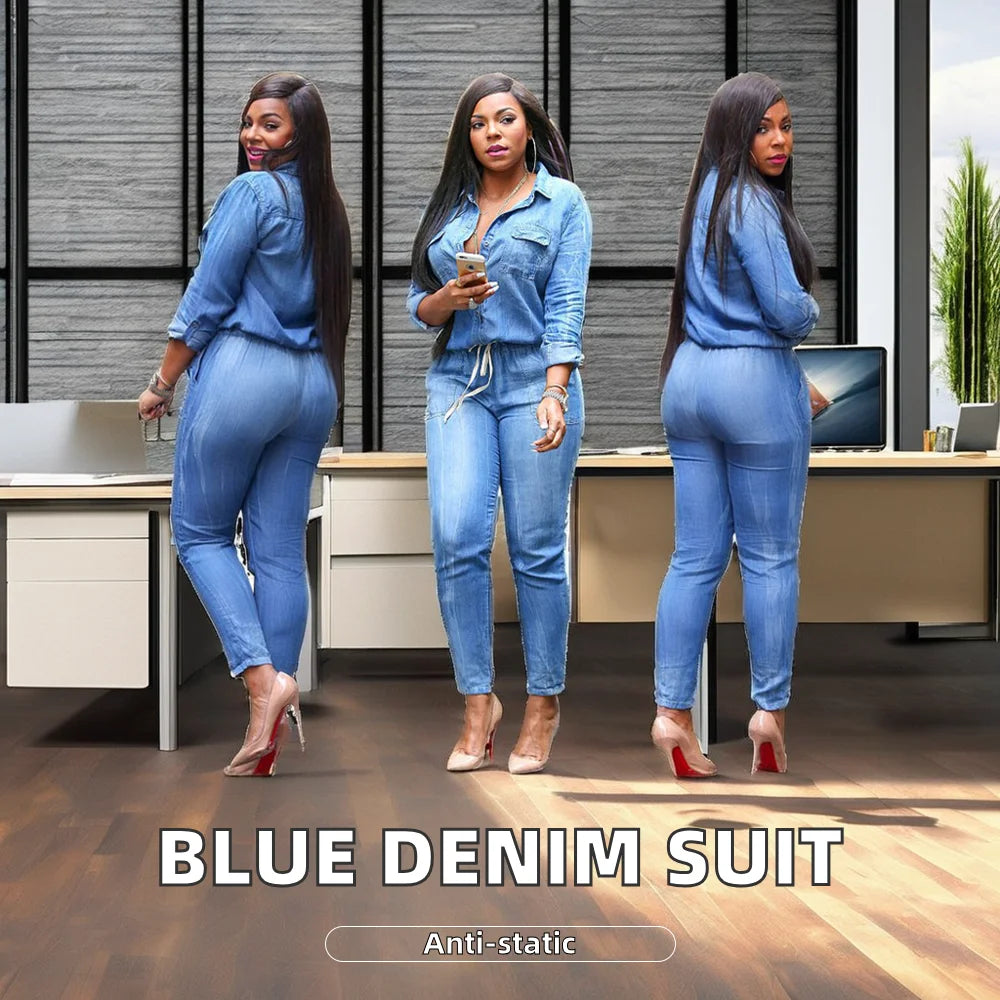 Casual Women's Long Style Denim Jumpsuit with High Waist and Knitted Weaving Pants and Long Sleeves