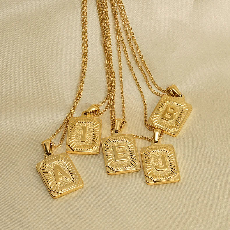 18k Gold Men'S Necklace Square Stainless Steel Letter Pendant English Letter Necklace Pendant For Men