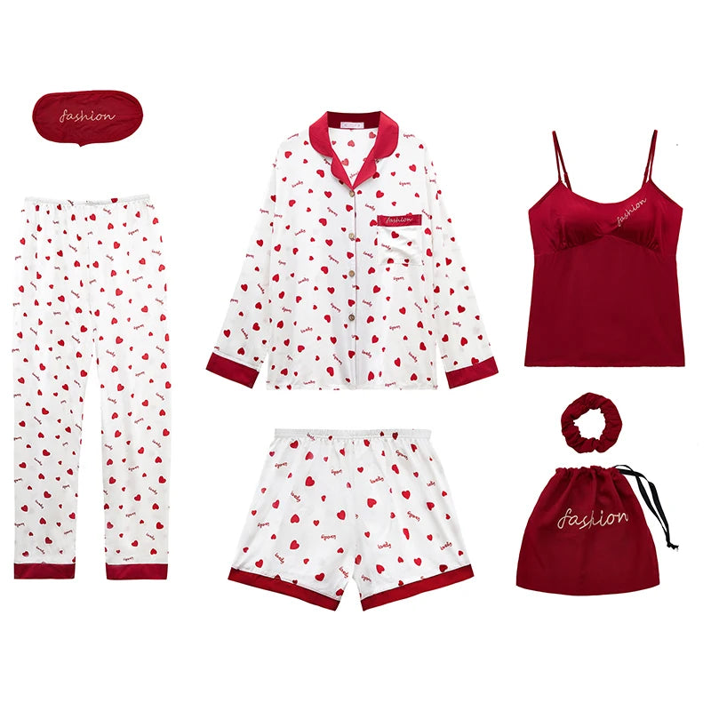 Women Girls Sleepwear Cotton 7pcs Set Nightwear Cherry Printing Pj Set Nighty