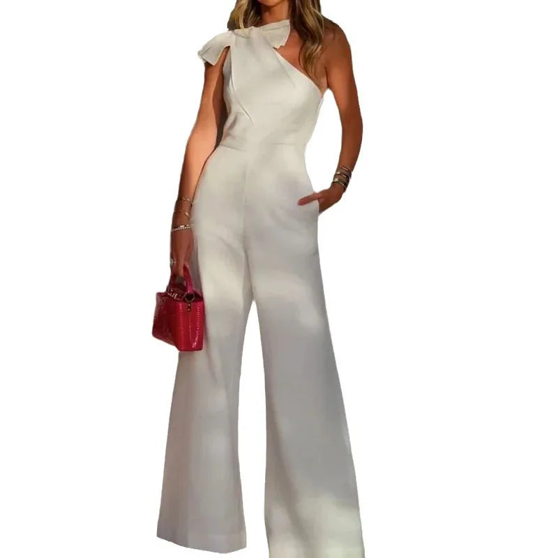 Diagonal Shoulder Neck Tie Waist Solid Color Wide Leg Women's Jumpsuit