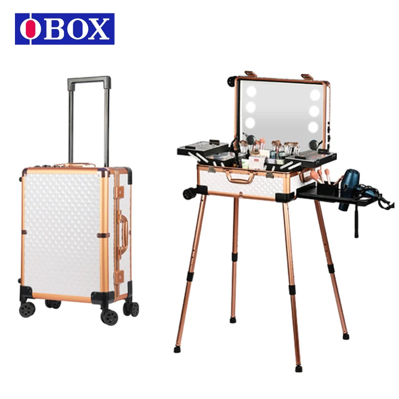 OBOX Professional Make-up case Professional Make-up Organizer Aluminum Alloy case With Lights and Mirror