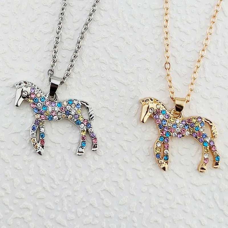 Diamond Inlaid Rainbow Pony Pendant Necklace Fashion Personality Colorful Diamond Necklace