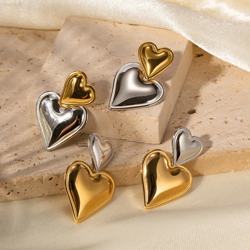 New Fashion Stainless Steel Jewelry Tarnish Free 18K Gold Plated  Double Heart Drop Earrings for Women