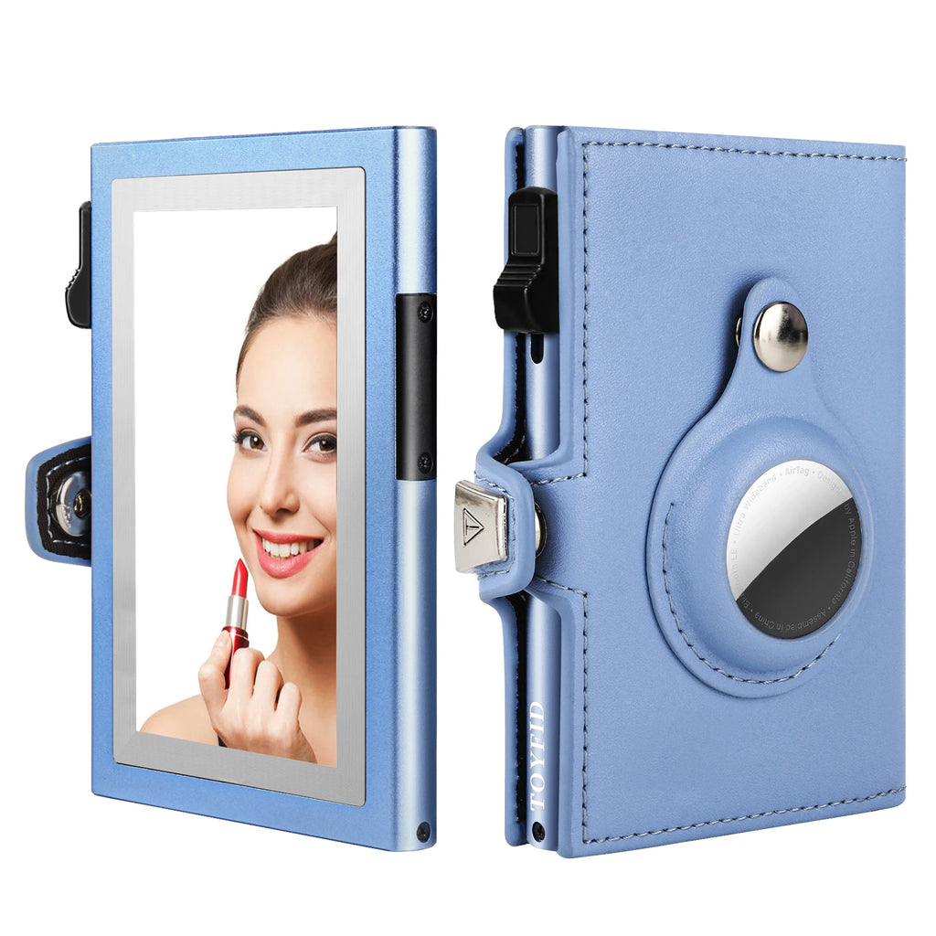 Daily Use Thin Leather RFID Blocking Ladies Card Holder with Cosmetic Mirror and Coin Purse