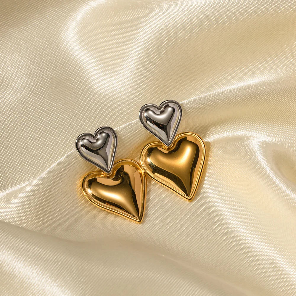 New Fashion Stainless Steel Jewelry Tarnish Free 18K Gold Plated  Double Heart Drop Earrings for Women