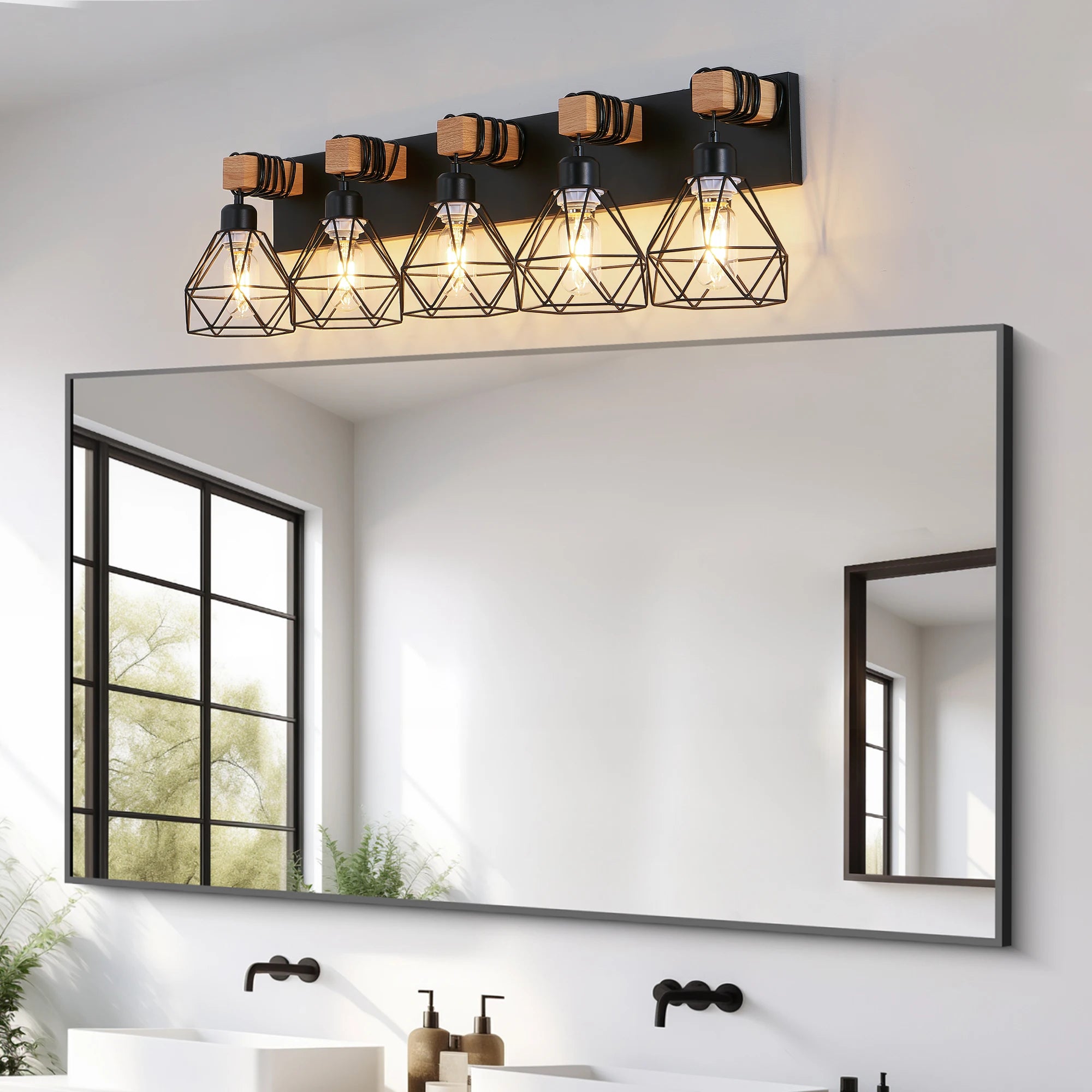 5-Light Vanity Light Fixture with Black Metal,Wooden Accents and Cage Lampshade(Bulb Not Included)