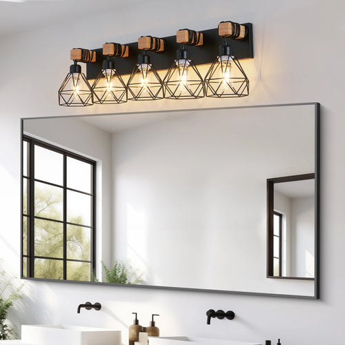 5-Light Vanity Light Fixture with Black Metal,Wooden Accents and Cage Lampshade(Bulb Not Included)