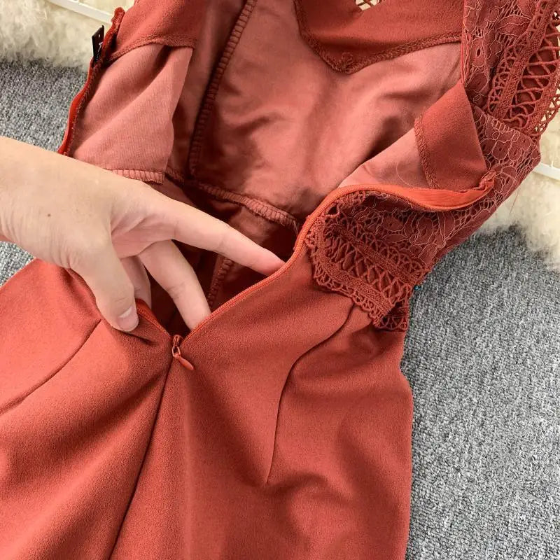 Sexy Lace Hollow Out O-neck Tank Jumpsuit Summer Women Slim Wide-legged Playsuit  Romper