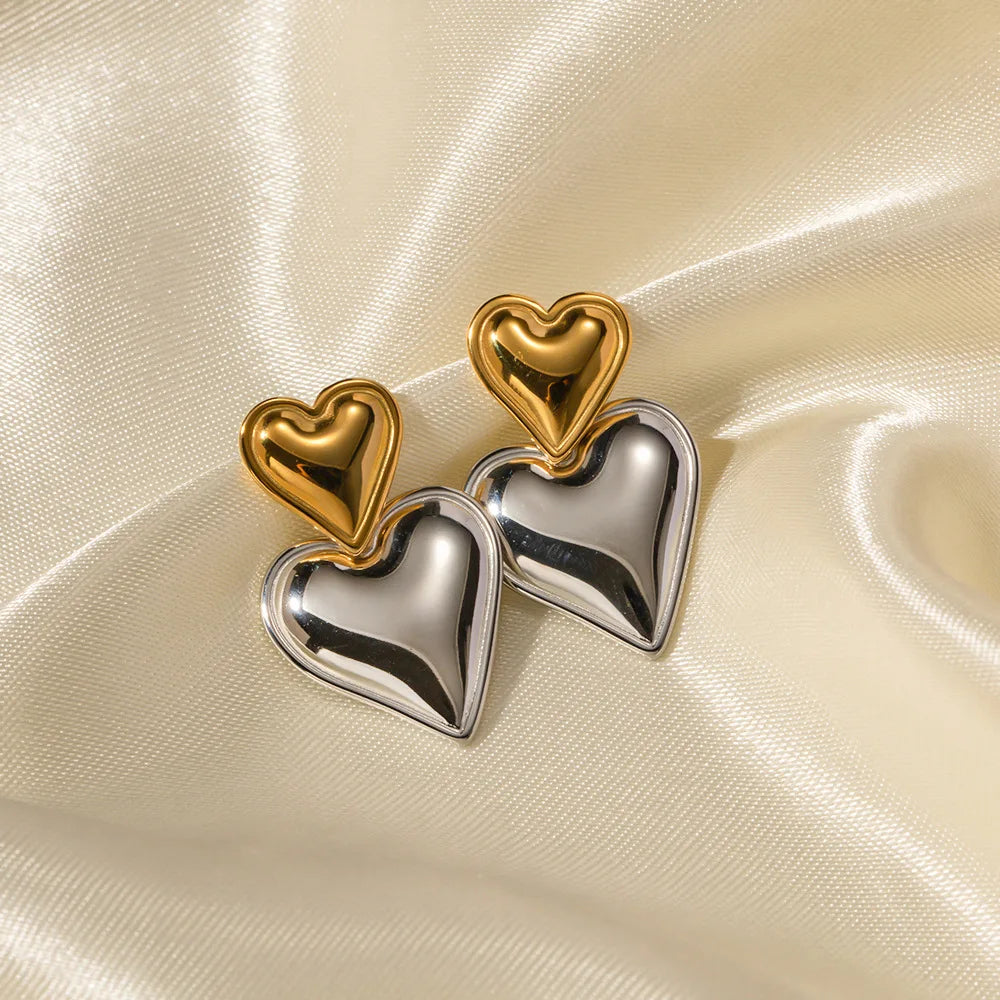 New Fashion Stainless Steel Jewelry Tarnish Free 18K Gold Plated  Double Heart Drop Earrings for Women