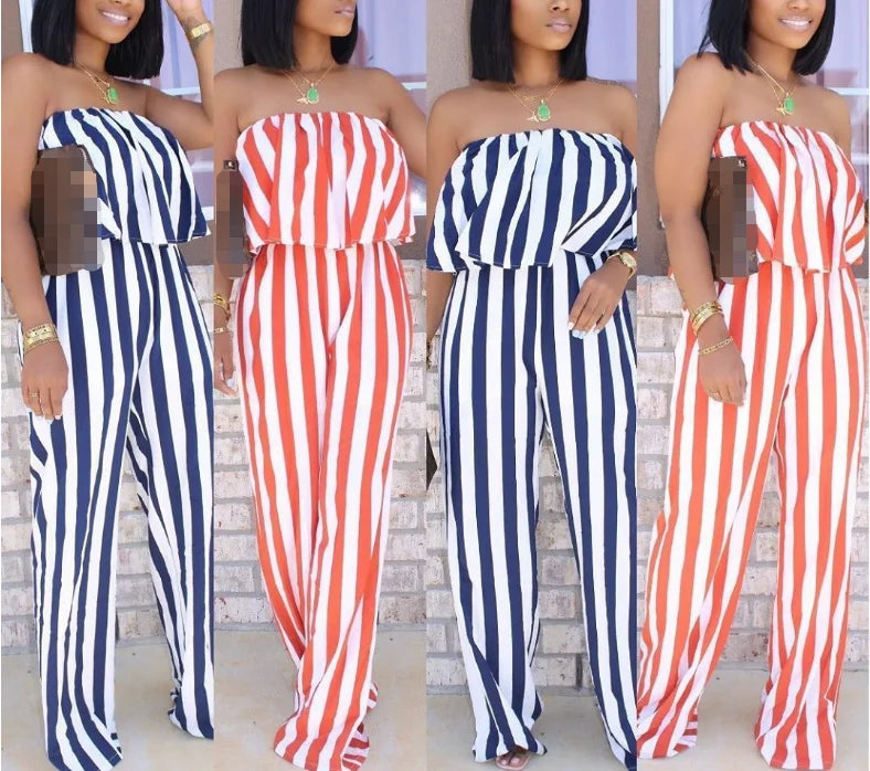 Hot Summer Women's Casual Jumpsuit with Striped Print Sexy Wrap Chest Open Back Washed Techniques