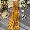 Sexy Lace Hollow Out O-neck Tank Jumpsuit Summer Women Slim Wide-legged Playsuit  Romper
