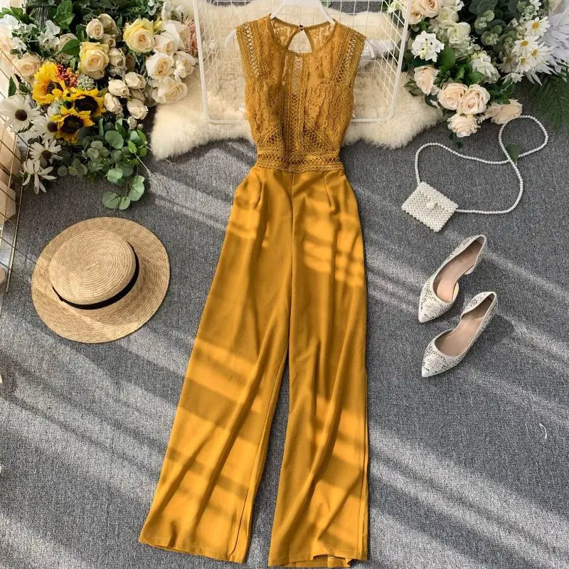 Sexy Lace Hollow Out O-neck Tank Jumpsuit Summer Women Slim Wide-legged Playsuit  Romper
