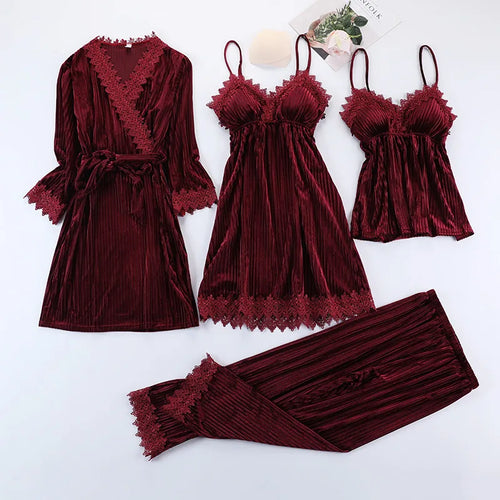 3pcs Gold Velvet  Pajamas Set for Women Warm Sexy Lace Pajamas Winter Sleepwear Nightdress
