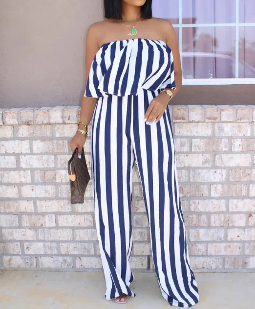 Hot Summer Women's Casual Jumpsuit with Striped Print Sexy Wrap Chest Open Back Washed Techniques