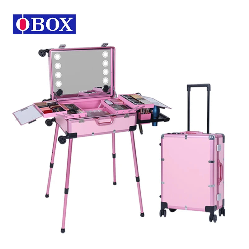 OBOX Professional Make-up case Professional Make-up Organizer Aluminum Alloy case With Lights and Mirror
