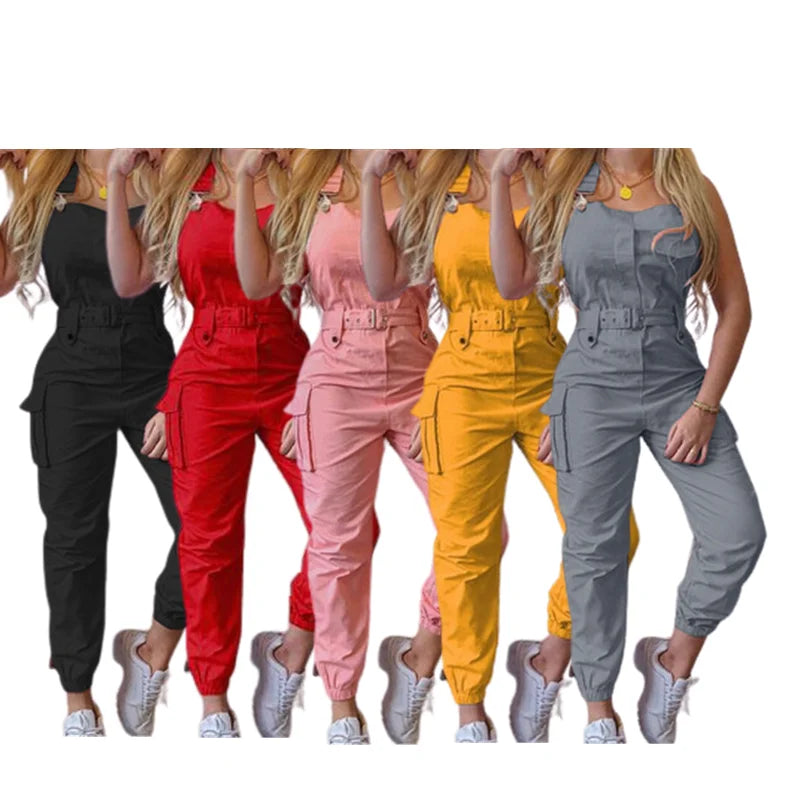 Women's Loose Jumpsuit with Halter Collar Casual Workout Playsuits with Solid Pockets Cargo Pants and Long Rompers