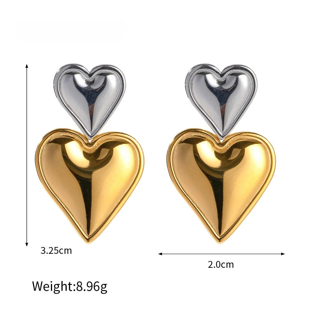 New Fashion Stainless Steel Jewelry Tarnish Free 18K Gold Plated  Double Heart Drop Earrings for Women