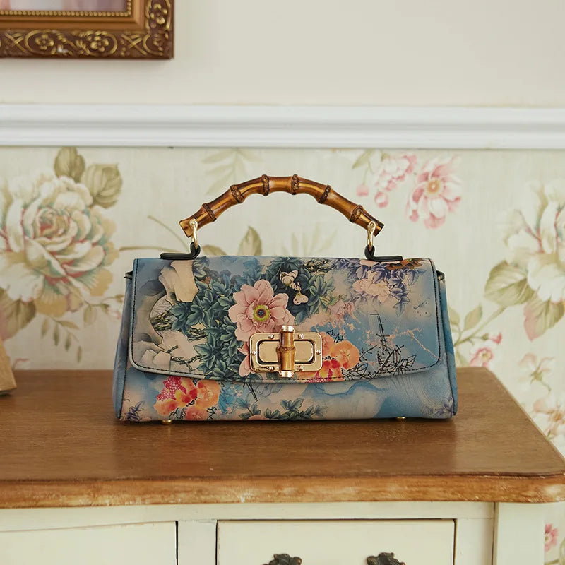 Leather Peony Antique Lady Fashion Waterproof Single Strap Chains Portable Handbag for Women