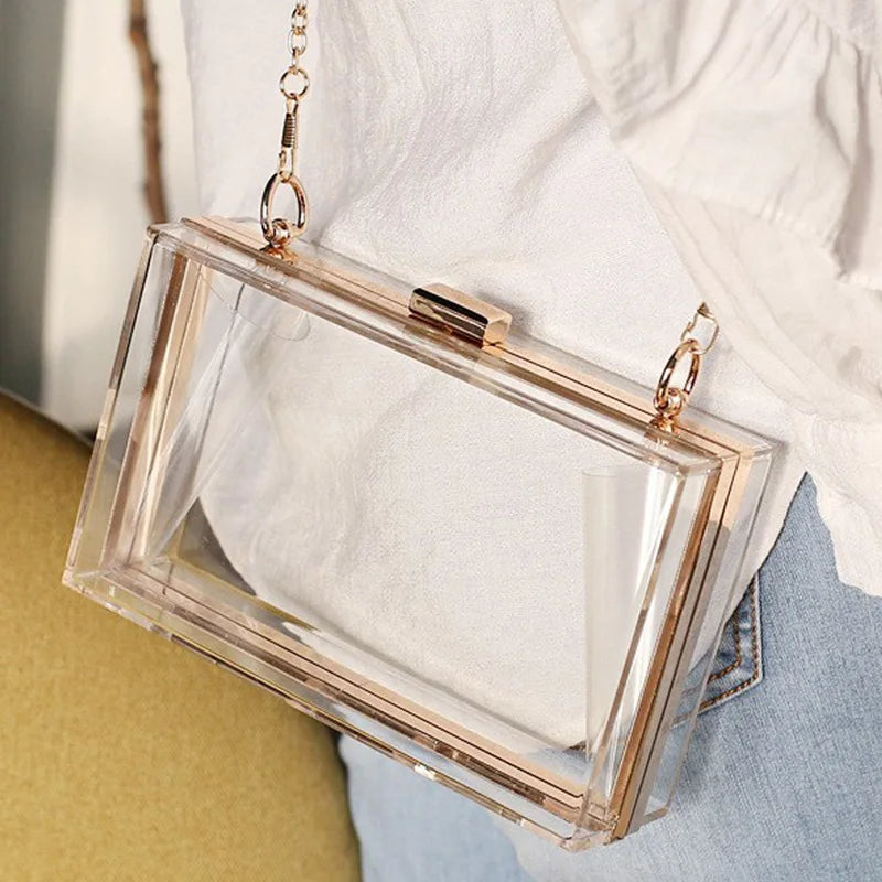 Ladies' Transparent Boxed Crossbody Bag, Stylish Detachable Gold Chain Strap Shoulder Bag, Acrylic Metal Dinner Clutch Purse