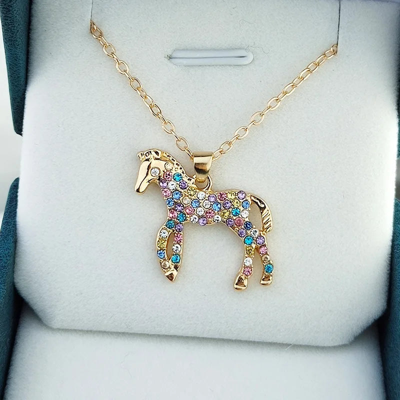 Diamond Inlaid Rainbow Pony Pendant Necklace Fashion Personality Colorful Diamond Necklace