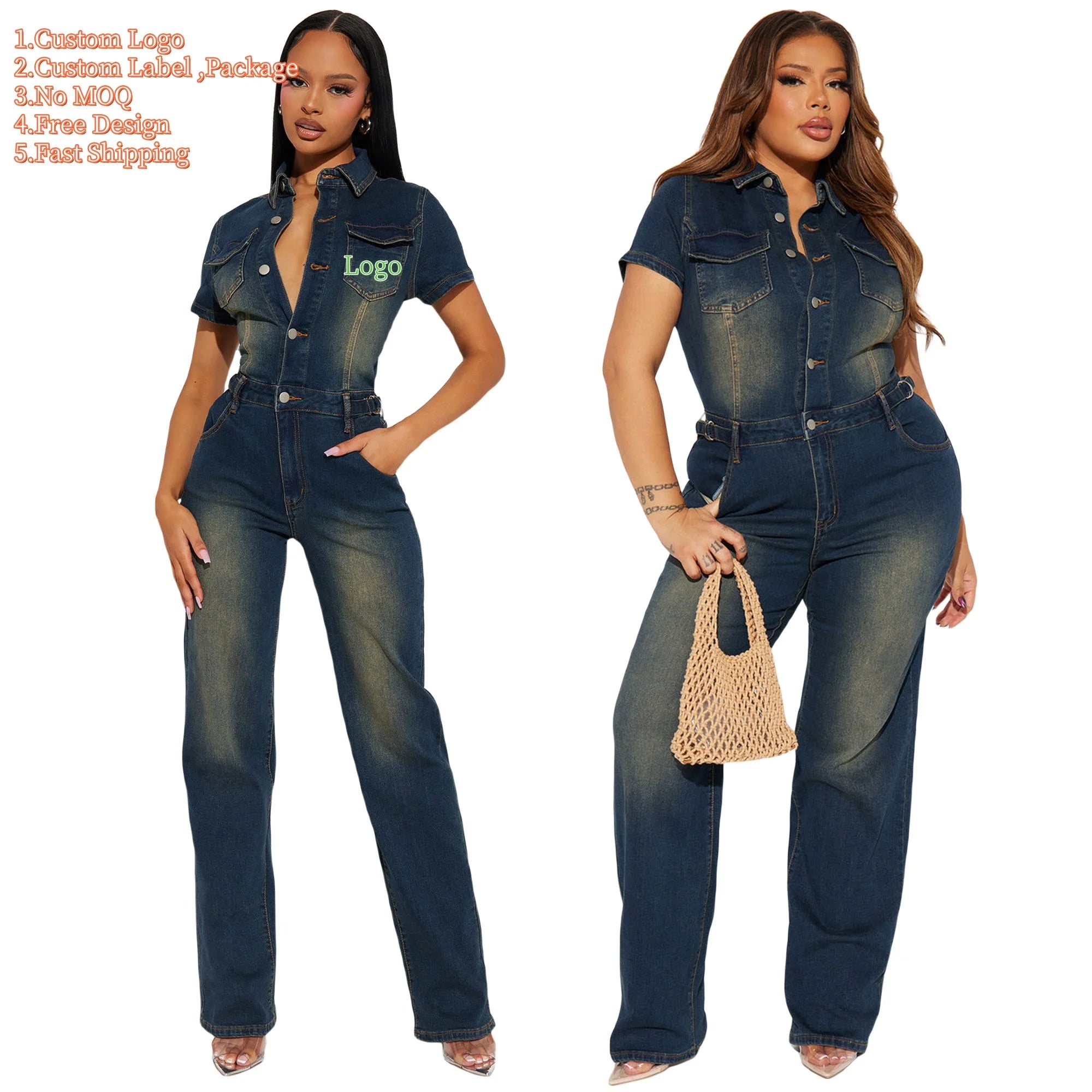 Women's Loose Fit Slim Stretch Washed Denim Straight Jumpsuit Halter Collar Casual Knitted Weaving Print