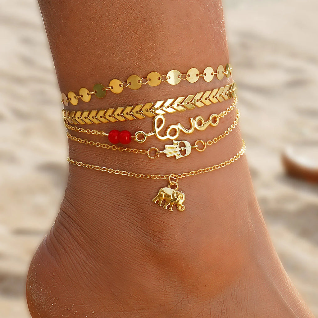Women Fashion Jewelry Blue Eyes Pendant Snake Chain Pearl Star Gold Plated Multilayer Anklet Set