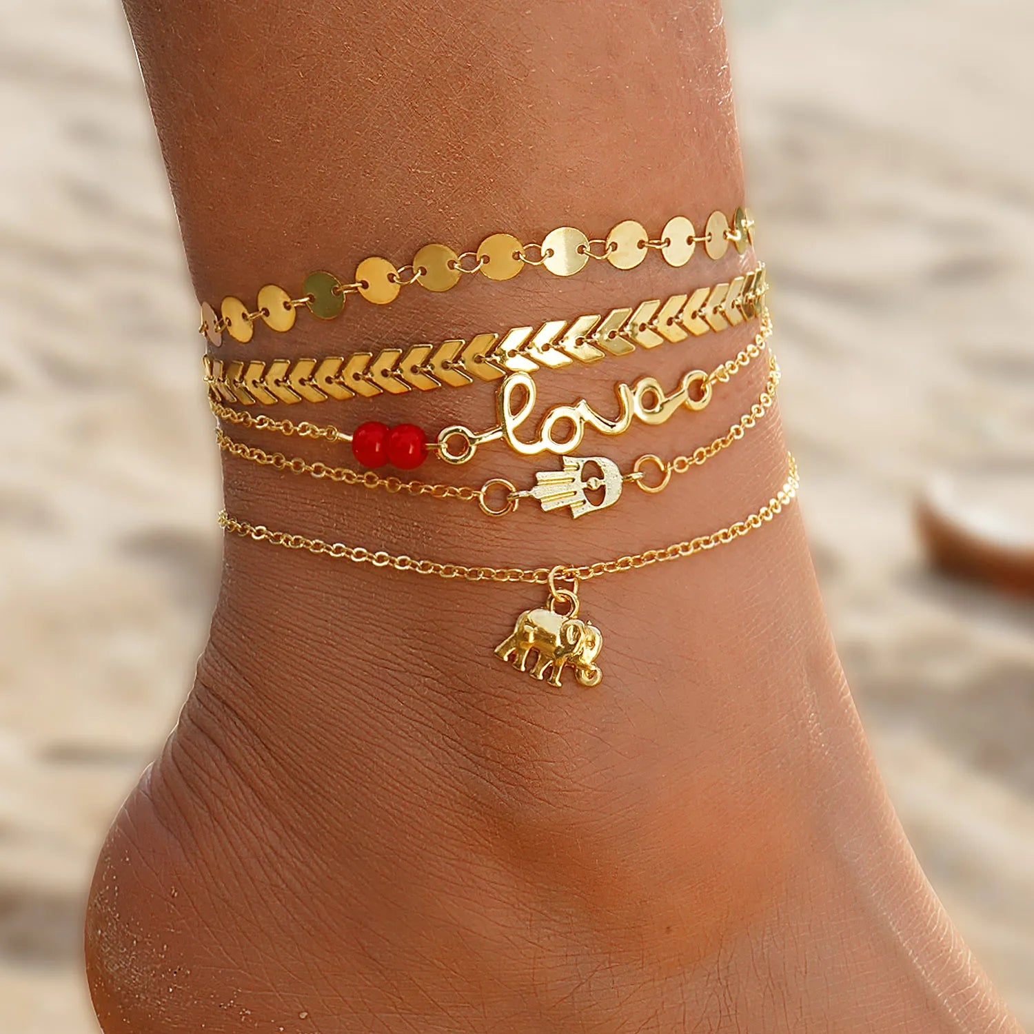 Women Fashion Jewelry Blue Eyes Pendant Snake Chain Pearl Star Gold Plated Multilayer Anklet Set