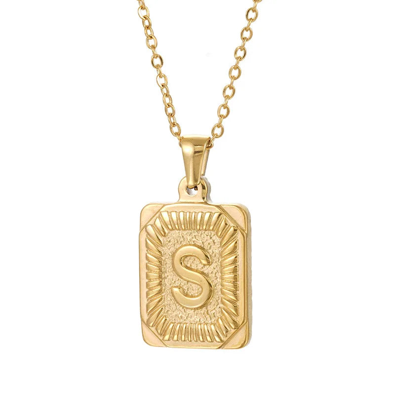 18k Gold Men'S Necklace Square Stainless Steel Letter Pendant English Letter Necklace Pendant For Men