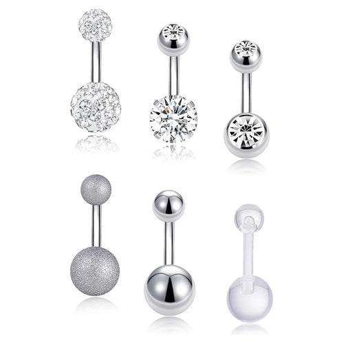 6PCS 14G Belly Button Rings Navel Rings for Women Girls Silver Rose Gold Tone