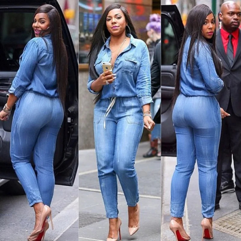 Casual Women's Long Style Denim Jumpsuit with High Waist and Knitted Weaving Pants and Long Sleeves