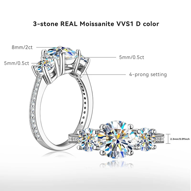 8mm 2 Carat Full Moissanite 925 Sterling Silver Three Stone Wedding Ring for Women