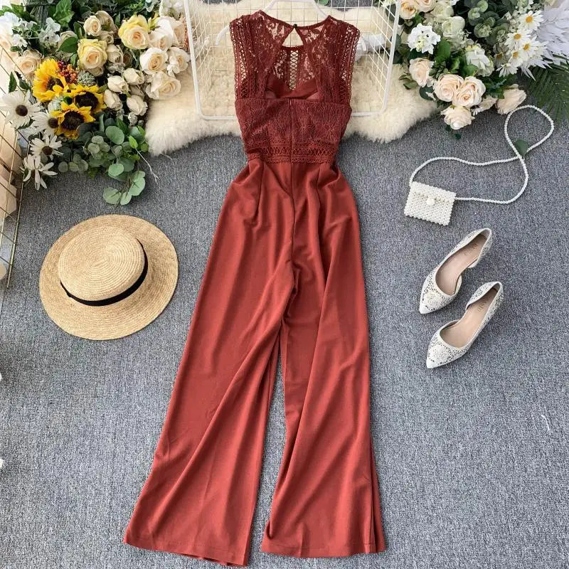Sexy Lace Hollow Out O-neck Tank Jumpsuit Summer Women Slim Wide-legged Playsuit  Romper