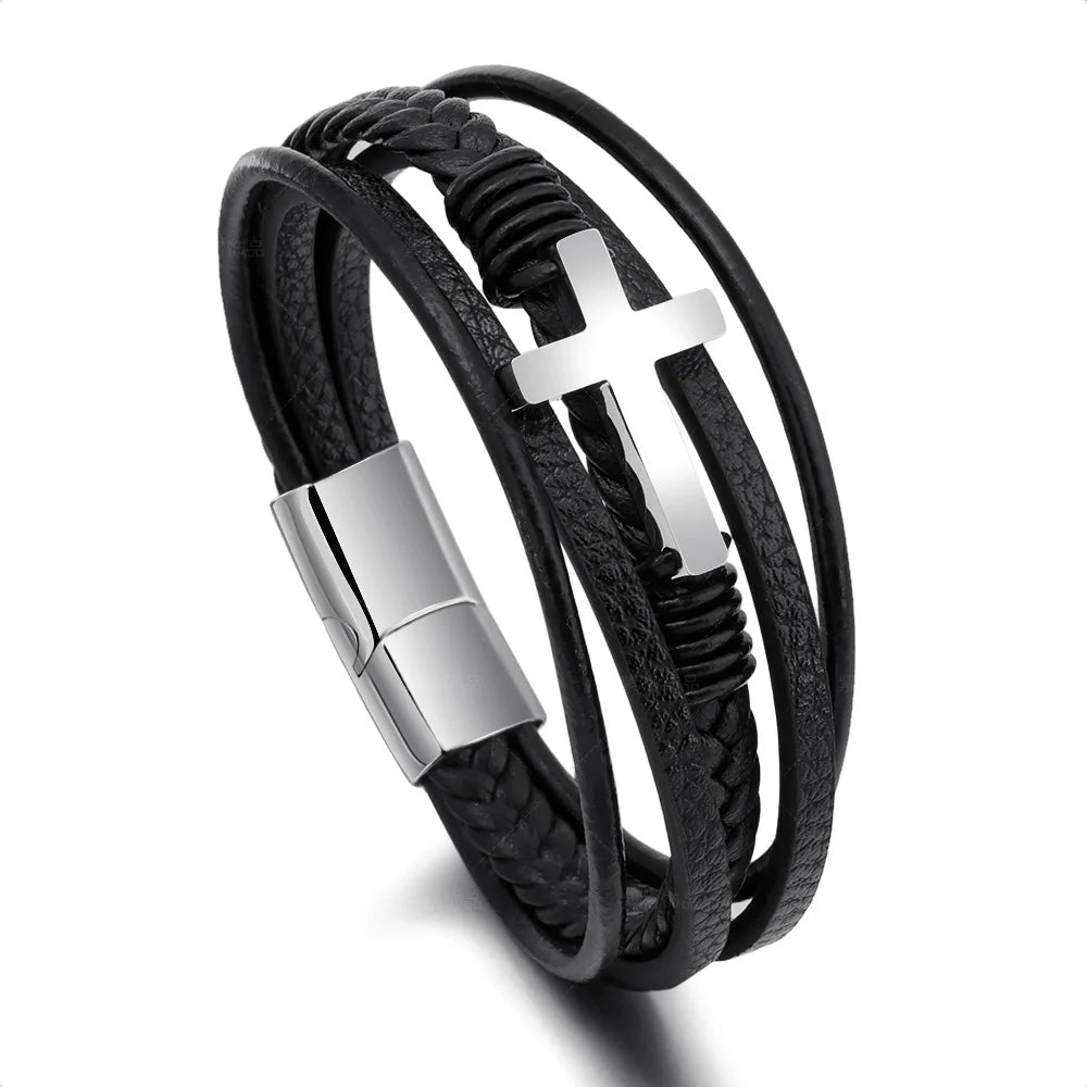 Stainless Steel Natural Tiger Eye Bracelet Beaded Men'S Hand-Woven Leather Bracelet