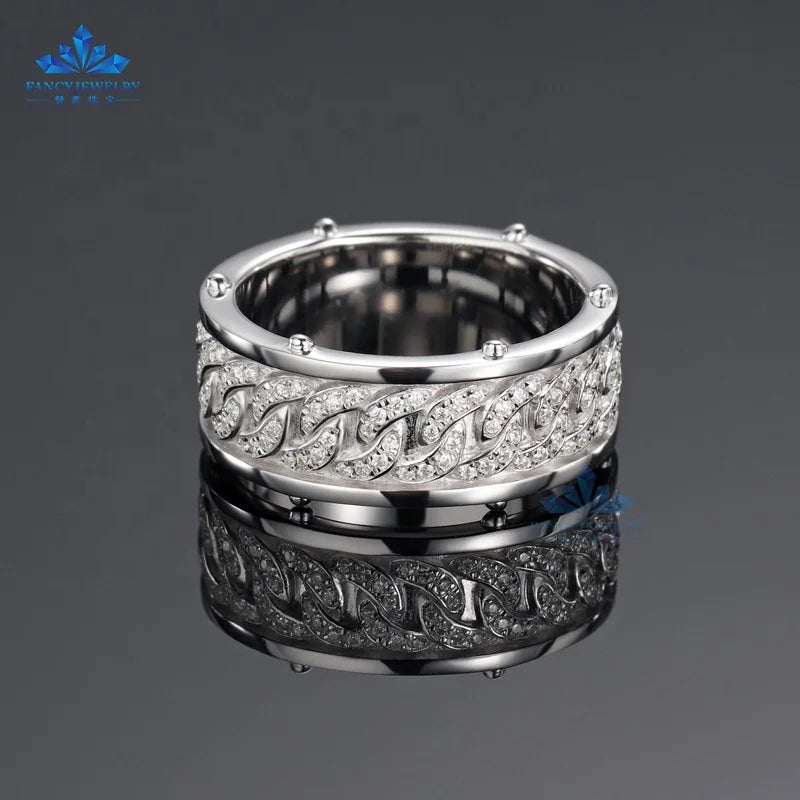 Solid Silver Pass Diamond Men Moissanite Rings 925 Sterling Silver Cuban Chain Full Eternity Band